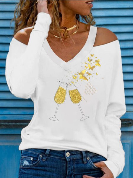 

Casual Butterfly Loosen Printed V Neck Cotton Blends Long Sleeve T-shirt, White, T-Shirts