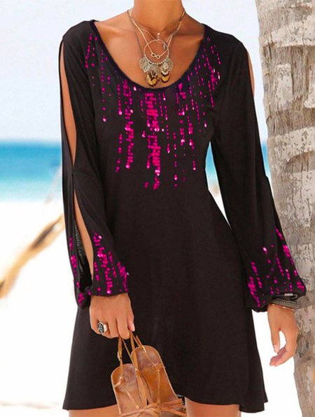 

Cross Cotton Blends Crew sequins Neck Dresses, Black, Mini Dresses