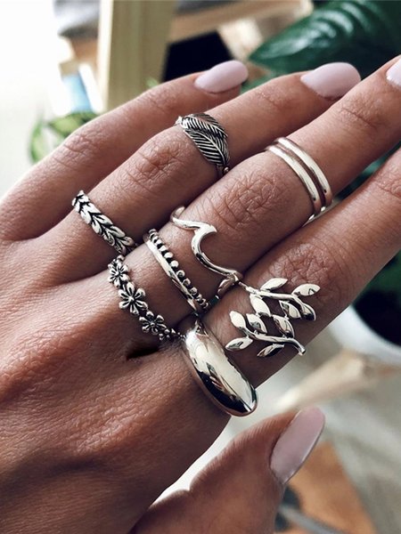 

9 Pcs Vintage Flowers Leaves Wave Ring, As picture, Rings