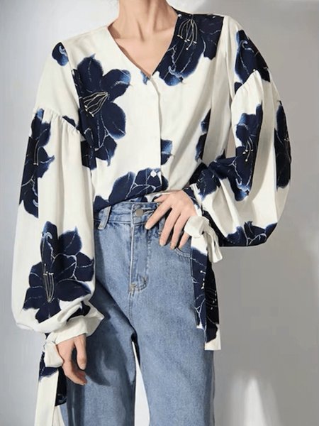 

Spring Loosen Floral V Neck Long sleeve Daily Lightweight Tops, White, Tops