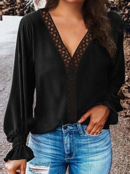 Lace V Neck Casual Plain Shirts & Tops, Black, Blouses & Shirts
