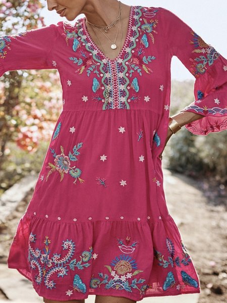 

Floral V Neck Boho Long sleeve Woven Dress, Deep pink, Mini Dresses