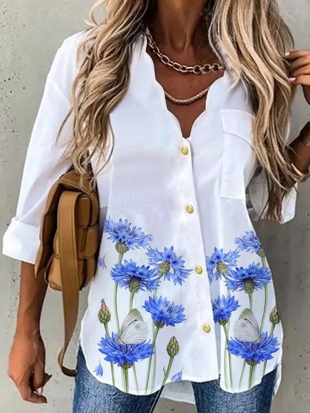

Floral Print V-neck Long Sleeve Holiday Casual Shirts, White, Blouses & Shirts