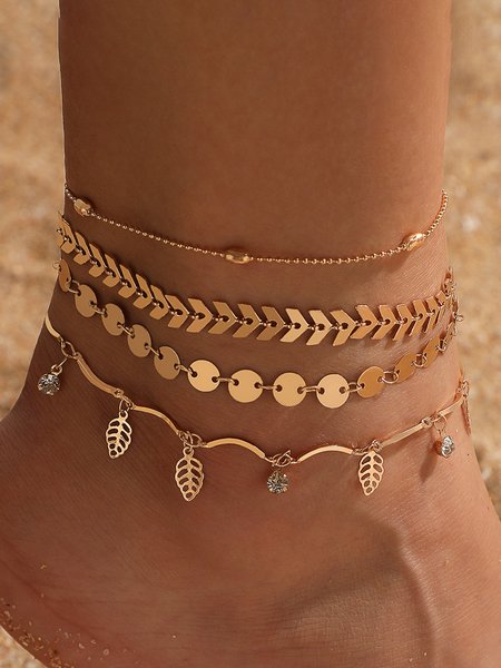 

4 Pcs Metal Leaf Anklet With Diamonds, As picture, Anklets