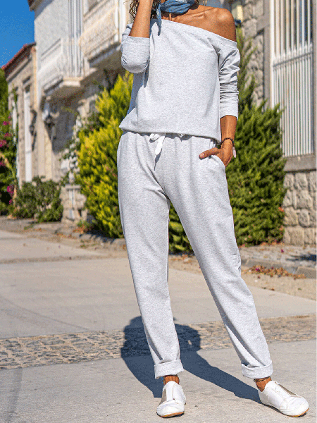 

Ladies Lace-Up Elastic Pocket Sweatpants Jumpsuit set, Light gray, Two-piece Outfits