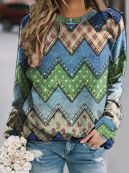 

Geometric Pattern Long Sleeves Crew Neck Plus Size Casual Sweatshirts, Multicolor, Hoodies & Sweatshirts