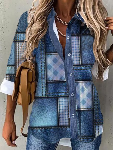 

Hippie Geometric Shirt Collar Shirts & Tops, Blue, Blouses & Shirts