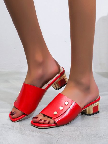 

Women's Metal Buckle Faux Leather Metal Heel Block Heel Slipper, Red, Slippers