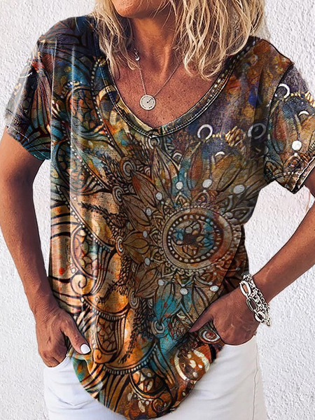 

V neck Casual Regular Fit Tribal Short sleeve tops, Multicolor, T-Shirts