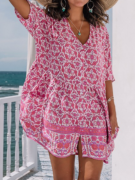 

Plus size Boho Short Sleeve Dresses, As picture, Mini Dresses