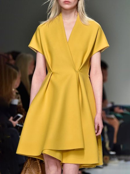 

Short sleeve Regular Fit V Neck Elegant Dress, Yellow, Midi Dresses