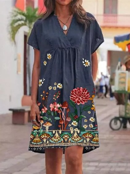 

Vacation Floral Loosen V Neck Dresses, Dark blue, Mini Dresses