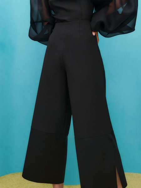 

Slit Solid Simple Wide Leg Pants, Black, Wide Leg Pants