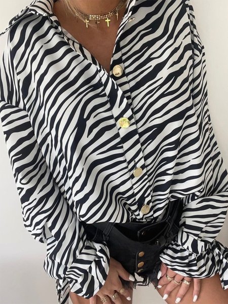 

Casual Zebra Long Sleeve Plus Size Printed Blouses, Black, Blouses & Shirts
