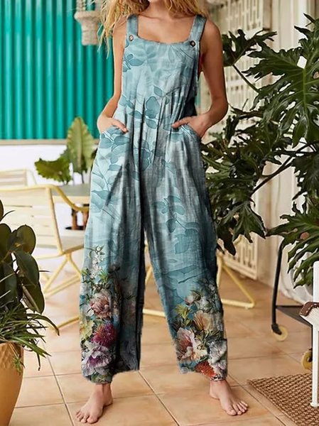 

Casual Floral Printed Buttoned One-Pieces, Blue, Jumpsuits＆Rompers