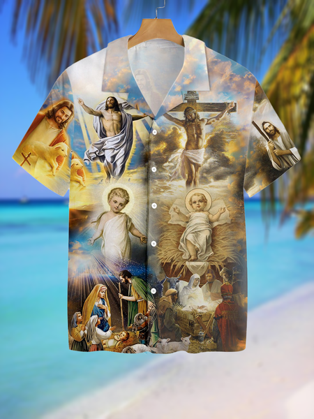 

Leisure Holiday Festival Collection Jesus Element Pattern Hawaiian Print Shirt Top, As picture, Men's Floral shirt