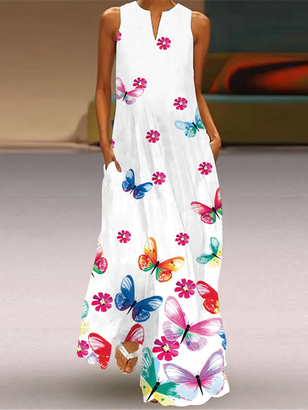

Butterfly V Neck Cotton Blends Vacation Dresses, White, Maxi Dresses