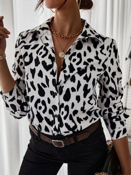 

Leopard Casual Buttoned Daily Long Sleeve Blouse, White, Blouses & Shirts
