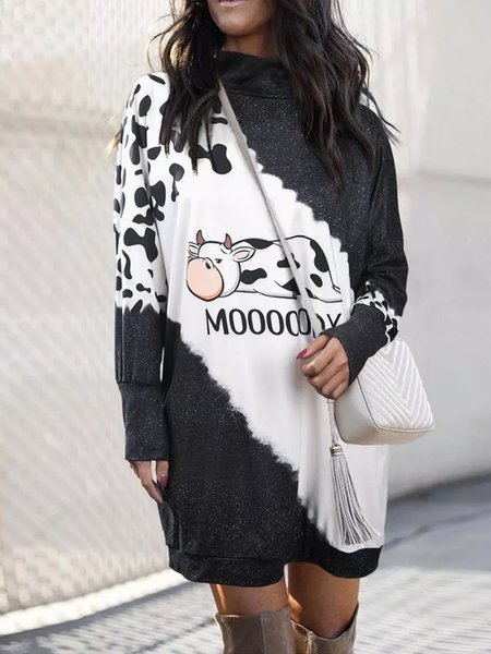 

Ombre Cute Cow Turtleneck Mini Sweater Dress - Black, Black-white, Casual Dresses