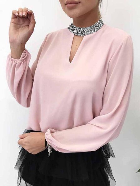 V Neck Casual Regular Fit Long sleeve tops, Pink, Tops