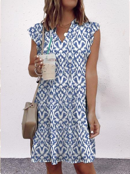 

Loosen Geometric Vacation V Neck Dresses, Blue, Mini Dresses