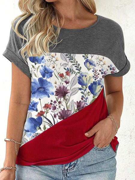 

Contrast Floral Panel Doll Sleeve T-Shirt Casual Shirts & Tops, Multicolor, Tees & T-shirts