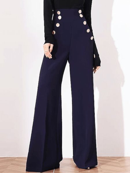 

Spring Plain Zipper fly Lightweight High Waist Pants, Navyblue, Wide Leg Pants