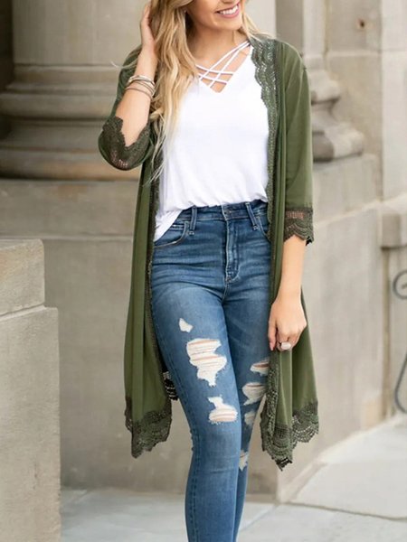 

Lace Collarless Casual Solid Outerwear, Army green, Cardigans