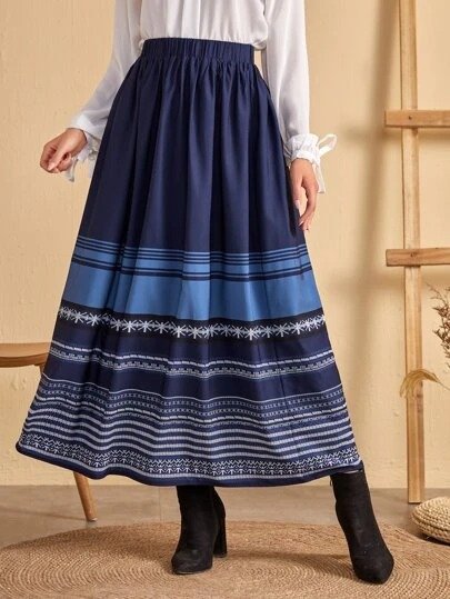 

Striped Print Casual Skirt, Dark blue, Skirts