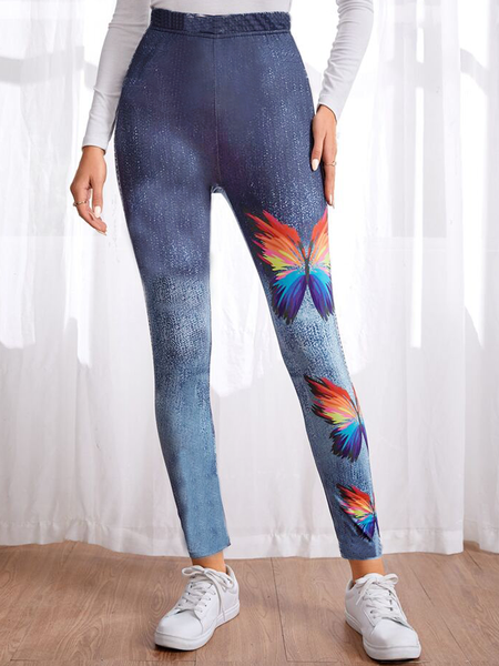 

Butterfly faux denim print stretch-waist leggings Skinny Pants, Blue, Pants