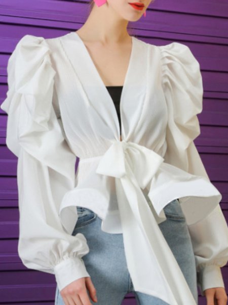 

Elegant Bow V Neck Solid Long Sleeve Top, White, Tops