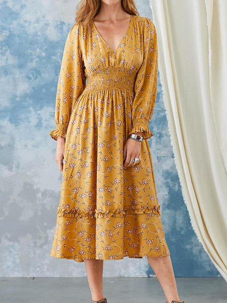 

Bishop Sleeve V Neck Floral Long Sleeves Loosen Boho Maxi Long sleeve Woven Dress, Yellow, Midi Dresses