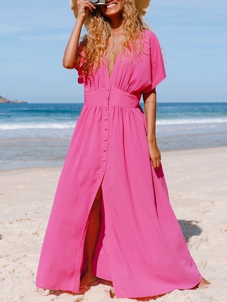 

Casual V Neck Short sleeve Woven Dress, Deep pink, Maxi Dresses