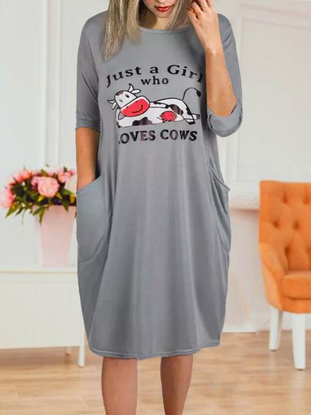 

Grey Long Sleeve Straight Mini Cow Mini Dress, Gray, Casual Dresses