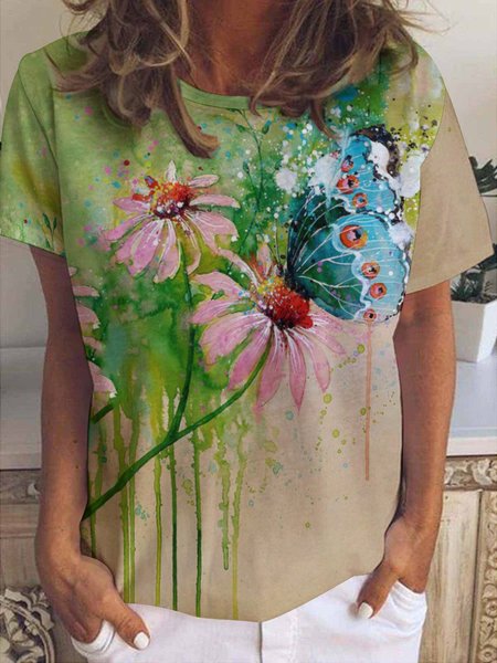 

Butterfly Floral Print Crew Neck Short Sleeve T-Shirt, As picture, T-shirts
