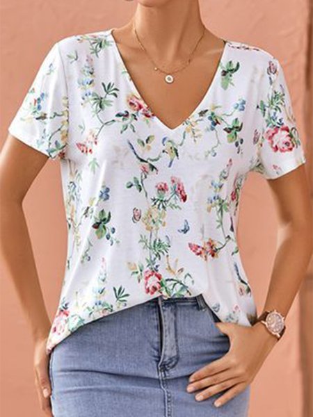 

V Neck Floral Regular Fit Shirts & Tops, White, Tees & T-shirts
