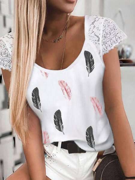 

Leaves Casual Round Neck Shirts & Tops, White, T-Shirts