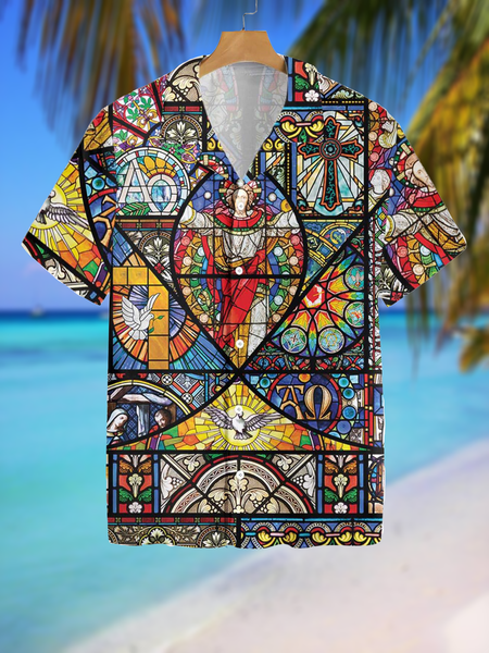 

Casual Festive Collection Easter And Jesus Elements Pattern Lapel Short Sleeve Print Shirt Top, Multicolor, Men's Floral shirt