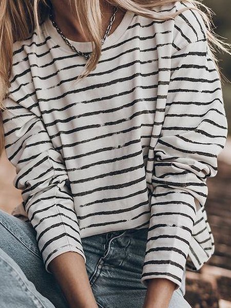 

Crew Neck Loosen Off Shoulder Casual Shirts & Tops, Black-white, T-Shirts