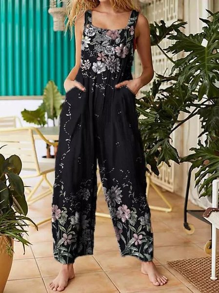 

Vacation Floral Loosen Square Neck One-Pieces, Black, Jumpsuits＆Rompers
