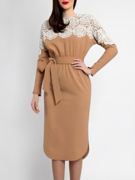 

Crew Neck Color Block Elegant Daily Dress, Khaki, Midi Dresses