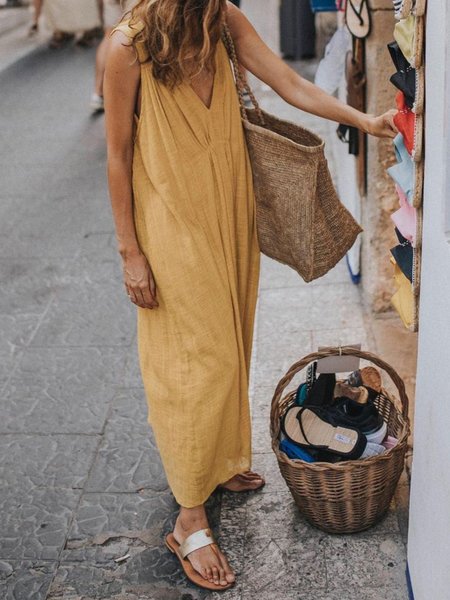 

Plus Size Casual Solid V Neck Loosen Sleeveless Dresses, As picture, Maxi Dresses