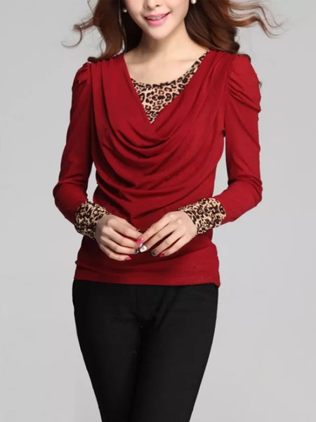 

Lady Leopard Cowl Neck Long Sleeve Top, Wine red, Tops