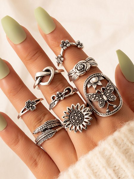

8 Pcs Vintage Alloy Flower Feather Butterfly Ring, As picture, Rings