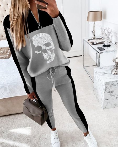 

Suit Casual Sweater Sweatpants Black Grey Block Splicing Skull Figure, Suit Set