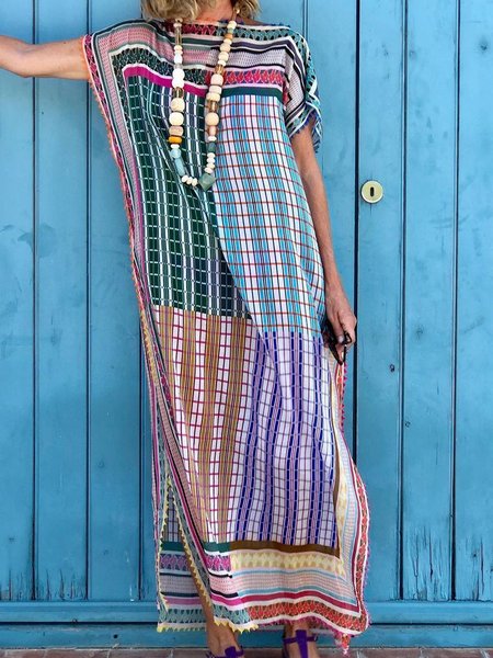 

Boho Crew Neck Loosen Shirt Sleeve Short sleeve Woven Dress, Multicolor, Maxi Dresses