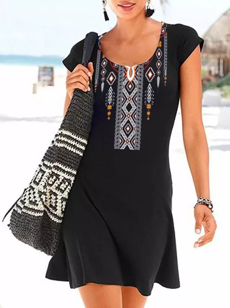 

Regular Fit Tribal Vacation Dresses, Black, Mini Dresses
