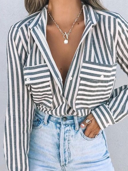 

Striped Pockets Buttoned Casual Shirts & Tops, Gray, Blouses & Shirts