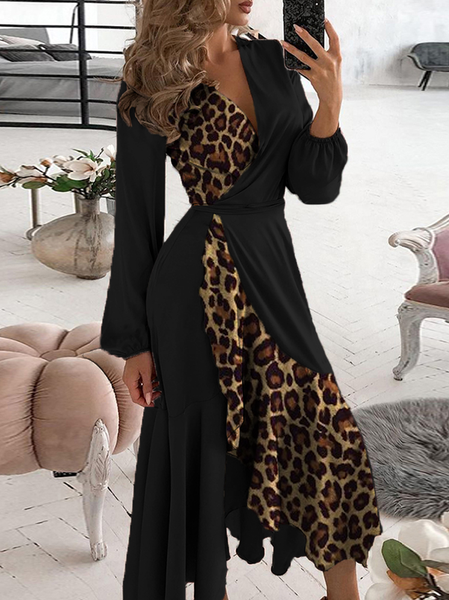 

Leopard Regular Fit Bishop Sleeve Casual Dresses, Black, Floral Dresses