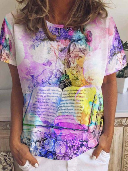 

Sweet Crew Neck Floral Short sleeve tops, As picture, T-shirts